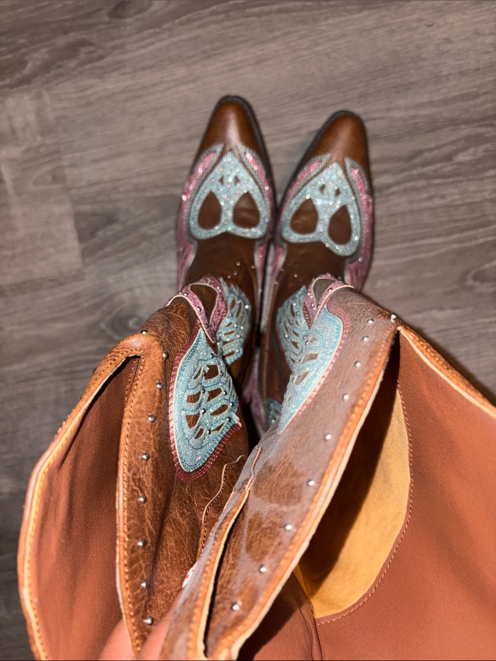 Amazon Brown Leather Pointed-Toe Heeled Boots with Turquoise & Pink Accents